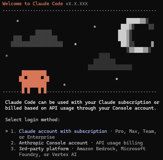 The login method screen of the Claude Code setup wizard, with three choices: Claude account with subscription, Anthropic Console account, and a third-party platform