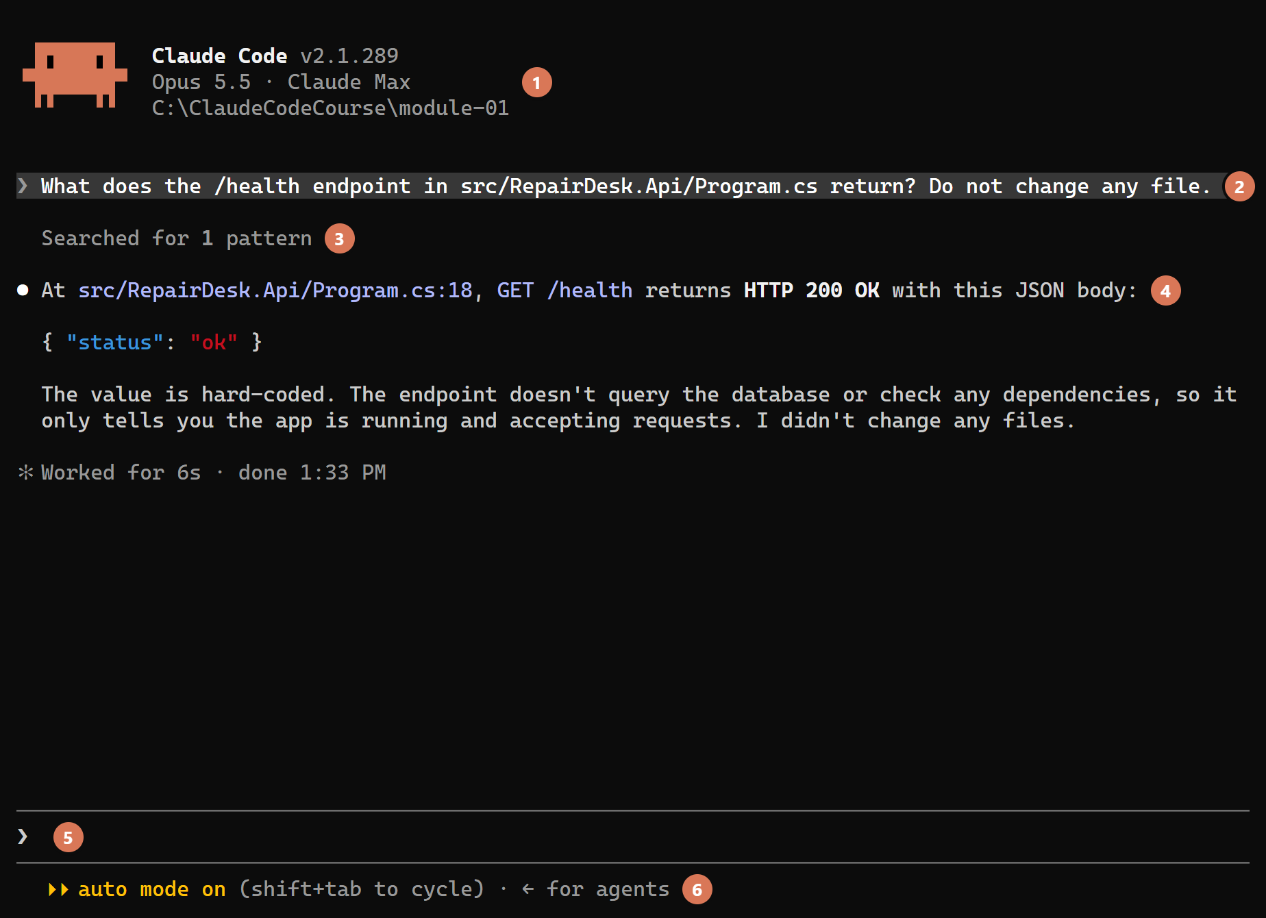 A Claude Code session in a dark terminal with six numbered markers: 1 on the header with the version, the model Opus 5.5 with the plan Claude Max, and the folder module-01, 2 on the prompt we typed, 3 on a grey line reading Searched for 1 pattern, 4 on the reply that starts with a dot, 5 on the empty prompt bar, and 6 on the mode line reading auto mode on (shift+tab to cycle)