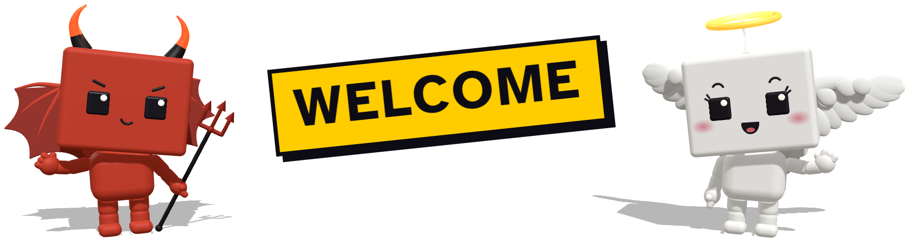 Dev, the little red devil with horns and a trident, and Angy, the white angel with a halo and wings, each wave with their outer hand on either side of a tilted yellow sign that reads WELCOME